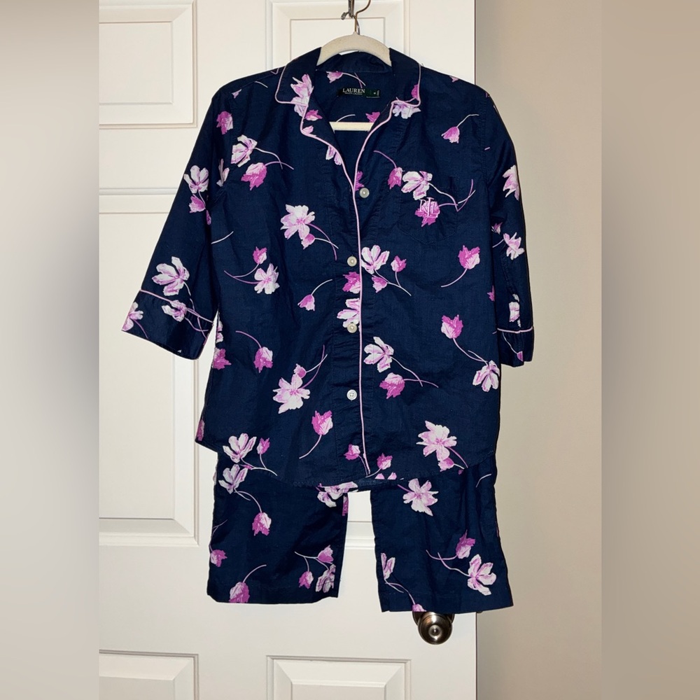 Lauren Ralph Lauren Navy Pajama Set with Pink Floral Accents Sz M